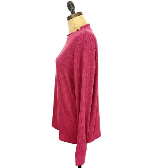 PINK CLOVER Ribbed Knit Mock Ruffle Neck Top XL Raspberry Long Sleeve NWT B50 - Picture 4 of 5